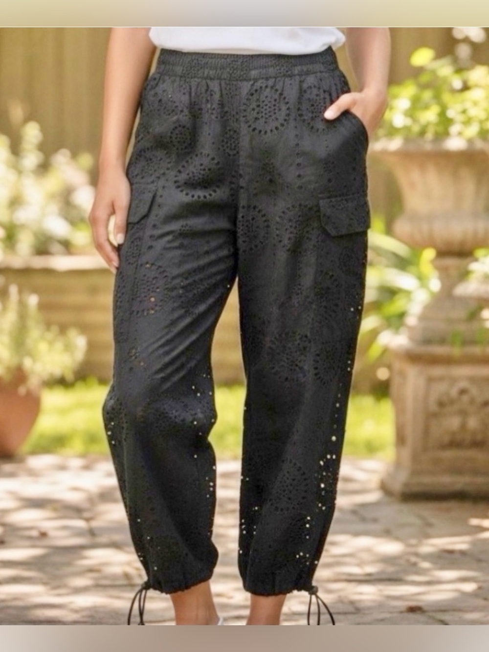 Christian Lacroix Black Allover Eyelet  Broderie Anglaise Cargo Joggers